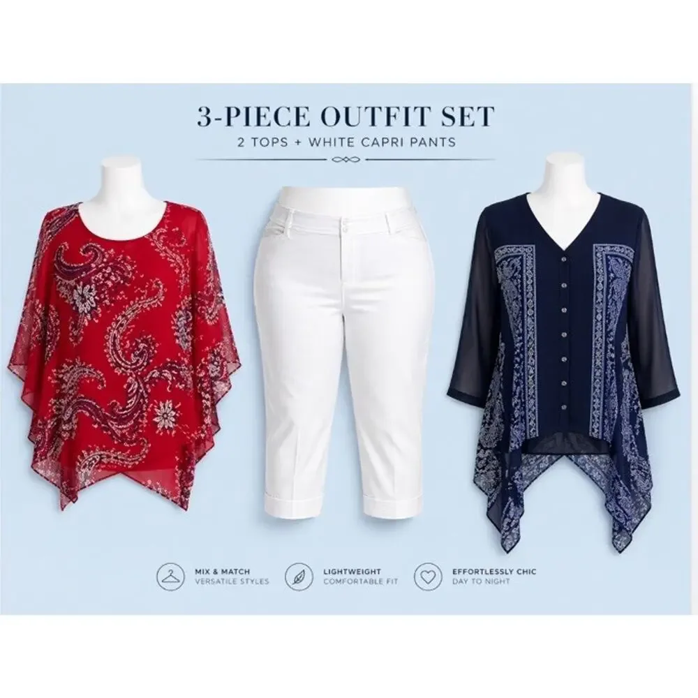 3 Pcs.Summer Capsule Outfits White Capri Pants, Blue Red Tunic Tops Plus 16W 1X - Picture 1 of 15